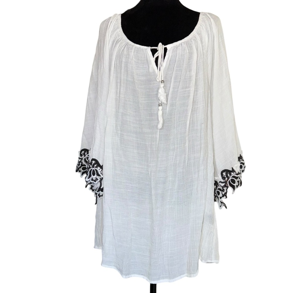 Unique Spectrum  Sheer Pull Over Blouse Neck Ties Sheer Size3X White 3/4 Sleeve